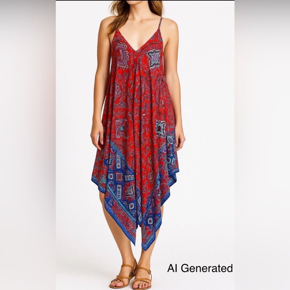The Jetset Diaries Red Paisley Asymmetrical Maxi Dress with Blue Trim